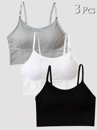 3pcs Teen Girl Solid Color Elastic Sports Bra Camisole, Breathable Quick Dry Fabric, Longer Length Underwear