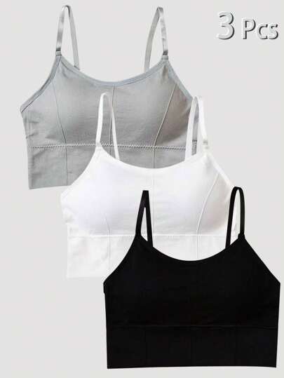 Sutiã esportivo elástico de cor sólida para meninas adolescentes 3 peças, camisola, tecido respirável de secagem rápida, roupa íntima de comprimento maior