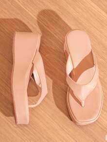 Tamanco Salto Confort Anabela estilo Chinelo Flatform Plataforma Confortável Ref 2160 tendencia - Bege - Visão 3