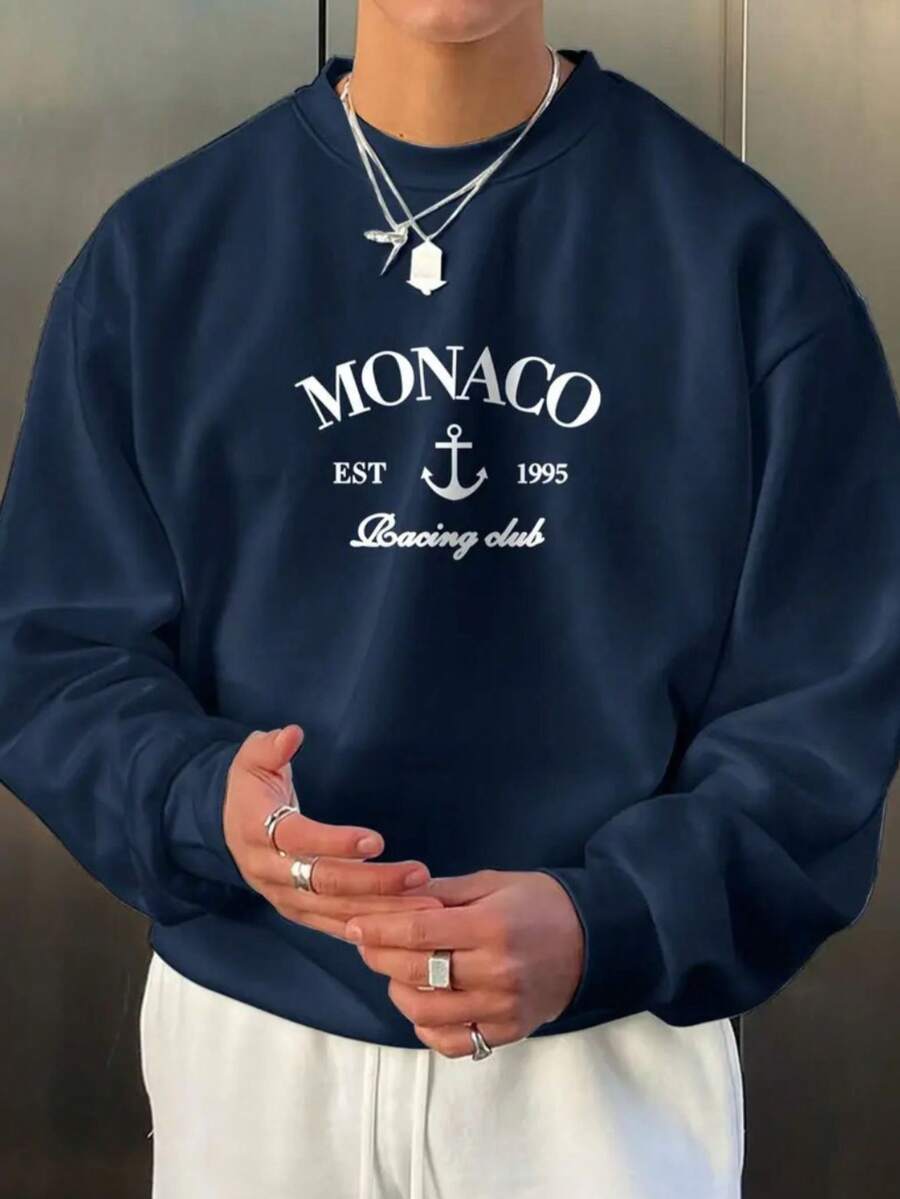 Monaco Men's Sweater, Winter And Autumn Model, Flannel Crew Neck Sweatshirt, New Release - 藏蓝色 - 查看 1
