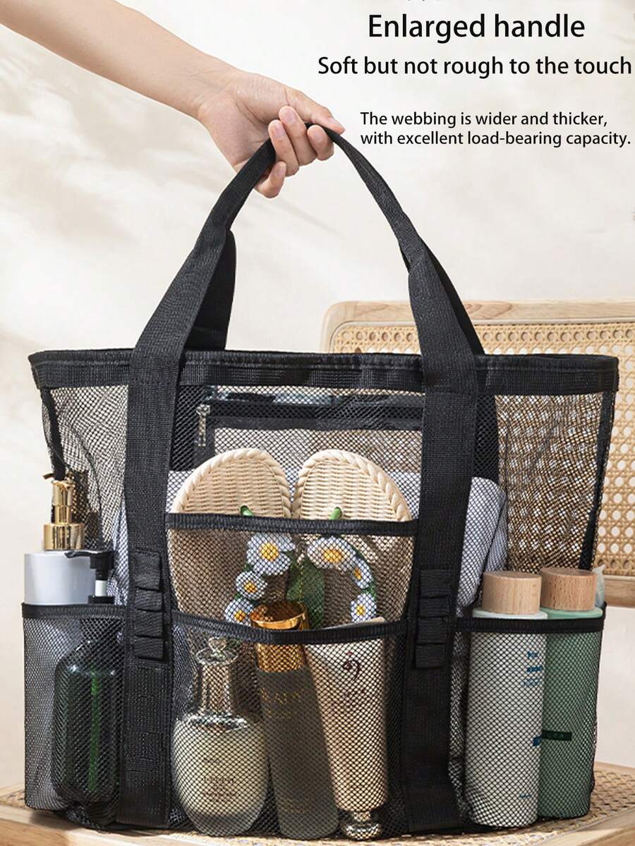 1 pièce Sac de plage, Sac de toilette portable, Sac de plage en maille d'été décontracté, Sac de toilette de voyage à bandoulière, Sac de rangement extérieur, Sac de piscine anti-sable, Sac de rangement avec fermeture éclair et poches latérales, Sac en maille respirant, Sac portable multi-poches, Sac de plage en maille pliable, Essentiel pour la plage et les voyages de vacances, Convient pour une utilisation familiale, Pliable et léger