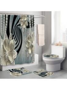 1 pièce/4 pièces Set de décoration de salle de bain multifonctionnel avec fleurs strass - Rideau de douche avec 12 crochets, tapis de bain, tapis en forme de U, couvercle de toilette rond, convient à tous les environnements de salle de bain, retour à l'école
