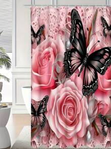 1/4 pièces Jeu de salle de bain rose floral et papillon mignon, tapis en forme de U, couvercle de toilette, avec 12 crochets - style moderne, accessoires de salle de bain de haute qualité, facile à nettoyer, convient à toutes les occasions, de retour à l'école
