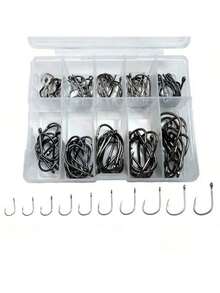 100/200/300/400/500 件圆形鱼钩套装，碳钢单倒刺鱼钩，渔具配件 - 黑色 - 查看 4