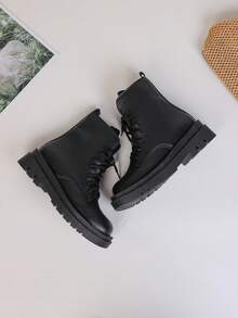女士圆头系带中筒靴，纯色粗跟，侧拉链，户外节日，春秋季 - 黑色 - 查看 6