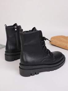 女士圆头系带中筒靴，纯色粗跟，侧拉链，户外节日，春秋季 - 黑色 - 查看 3