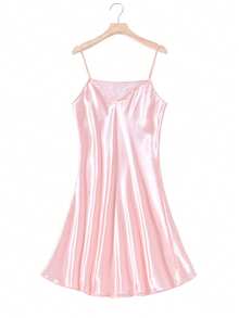 1pc Custom Women's Spaghetti Strap Nightgown, Faux Silk Material, Icy Silk Skirt, Homewear Camisole Dress, V-Neck Sleeveless Slip Dress, Comfortable Satin Sleepwear, Suitable For Beauty Salon, Hotel, Sports, Home And Other Occasions, Can Also Be Used As Towel, Skincare - Multicolor - View 18