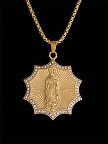 1 pièce Collier pendentif unisexe à la mode en zirconium artificiel chrétien en forme de tournesol de la Vierge Marie, protection du corps et bijou de prière, cadeau