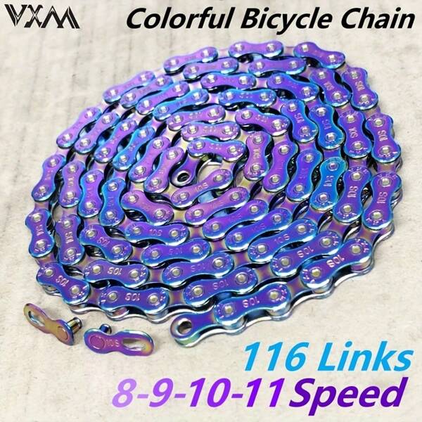 Multicolored Bicycle Chain, Suitable For Mountain & Road Bikes Drivetrain Systems, 8/9/10/11 Speed Vibrant Chain Options, High-Strength Wear-Resistant Steel, 116 Links Electroplated Color, Includes Quick Link For Easy Installation And Removal