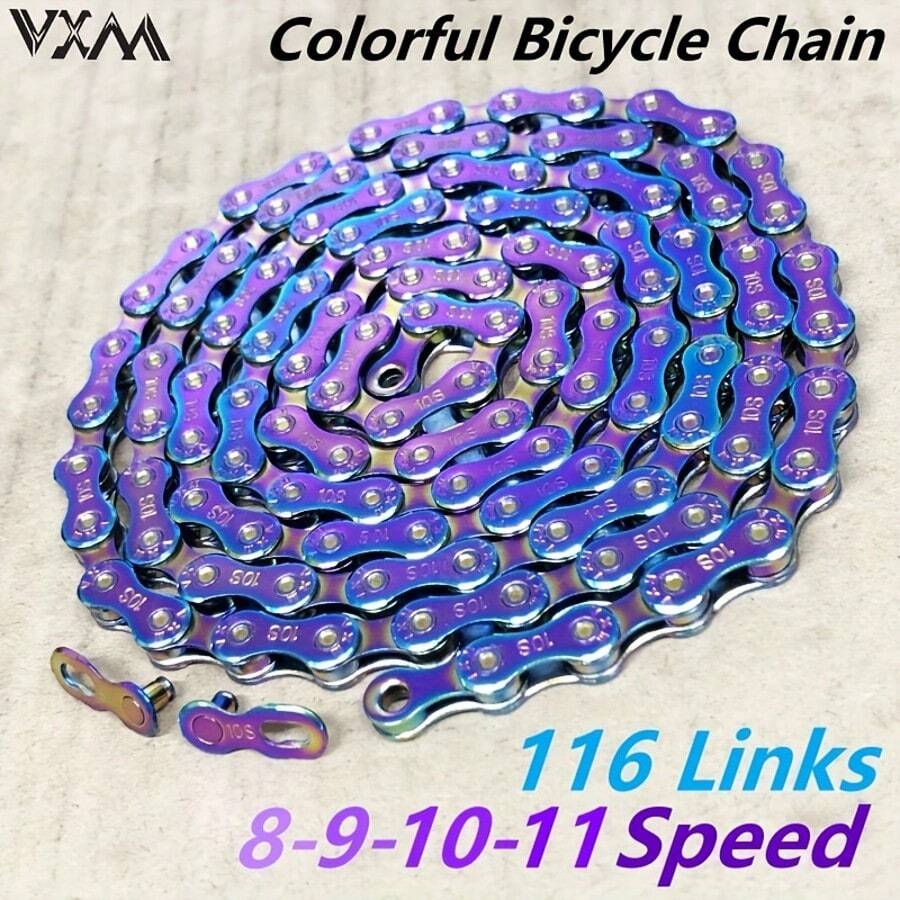Cadena de bicicleta multicolor, adecuada para sistemas de transmisión de bicicletas de montaña y carretera, opciones de cadena de colores vibrantes de 8/9/10/11 velocidades, acero de alta resistencia y resistente al desgaste, 116 eslabones con recubrimiento electrolítico, incluye eslabón rápido para una instalación y extracción fácil