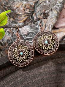 TopHanqi 1 Pair Vintage Bohemian Metal Earrings, Hollow Floral Design With Imitation Turquoise, Suitable For Women Daily Wear, Party Accessory, Commute, Street Style, Versatile, All Seasons