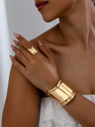 2pcs Geometric Minimalist Wide Bangle And Ring Set, Exaggerated And Personalized Style