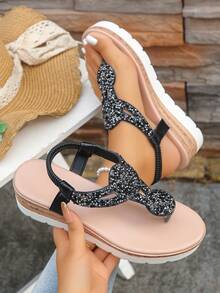 1 Pair Solid Color Beach Fashion Sexy Rhinestone Black Wedge Thick Bottom Sandals, Women Summer Beach Holiday Party Outdoor Black Platform High Heel Toe Ring Sandals