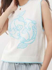 Womens Stylish Ribbed Knit Sweater Vests Cherry Lobster Contrast Hues Sleeveless Crew Neck Slim-Fitting Tank Tops