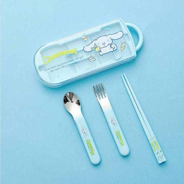 Miniso Sanrio Cinnamoroll Series Portable Sliding Lid Flatware Set, Including Chopsticks, Spoon, And Fork, Convenient And Hygienic, Suitable For Daily Use Or As A Gift For Friends And Family (1 PC)