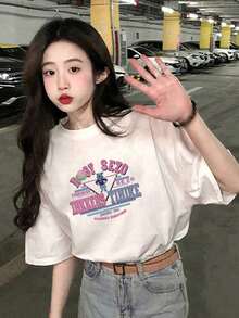 200g Pure Cotton T-Shirt 2025 Summer Ladies New Short Sleeve Pure Cotton Holiday Pattern Short Sleeve Round Neck Couple Wear Small Shirt Tops - 白色 - 查看 1