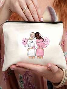 Bride Handbag And Cosmetic Bag Set, Bride Printed Zipper Makeup Bag, Personalized Bride Gift, Suitable For Wedding, Bridal Shower, Bachelorette Party, Engagement, Honeymoon, Gift For Best Friend, Bridal Memento - Multicolor - View 9