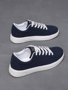 男士新款蓝色时尚简约字母图案撞色系带平底休闲运动鞋，适合日常通勤、户外、轻便舒适的滑板鞋情人节创意 - 撞色 - 查看 6