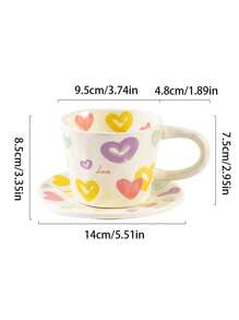 1 Set mehrfarbige, handbemalte Herz-Design Keramiktasse & Untertasse, bunte Muster mit "Liebe" Element - ideal für romantisches Frühstück oder gemütlichen Nachmittagstee, perfektes Geschenk für den Partner, Valentinstag, Jahrestag und andere süße Anlässe
