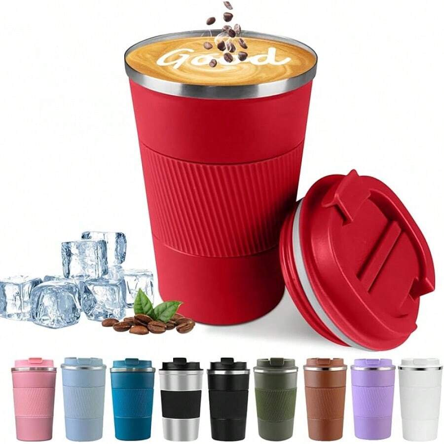 2025YINBAOGE Insulated Travel Coffee Mug, Spill & Leak Proof, Portable To Go Camping Stainless Steel Coffee Tumbler, Reusable Thermal Coffee Cup With Lid For Hot & Cold Drinks (Black, 12 OZ) - 紅色 - 查看 1