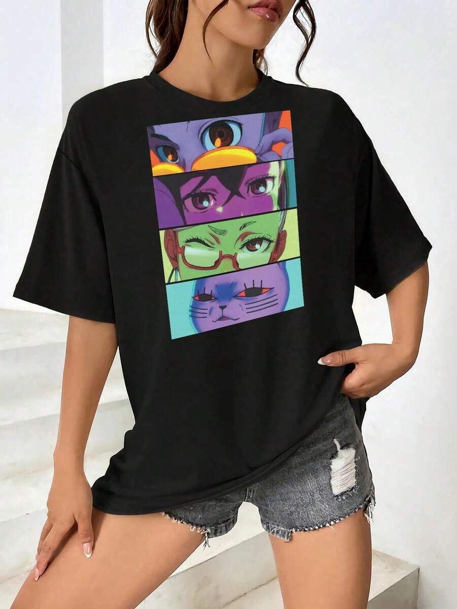 Camiseta de Dandadan para mujer: Diseño de ojos de Aira Shiratori y Momo, anime y manga - Negro - Ver 1