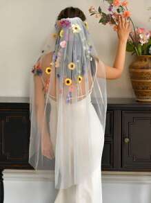 1 pièce Voile de mariée court à couche unique avec peigne, accessoire de mariage pour fête avec broderie florale colorée pour l'extérieur/pelouse
