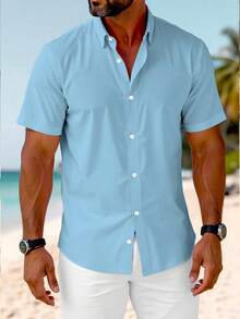 新款夏季男士衬衫，优质简约风格短袖衬衫，天蓝色轻质透气休闲户外衬衫，纽扣式