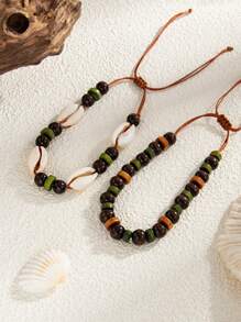 2pcs Bohemian Ocean Style Wood Bead Bracelet Set, Natural Shell Decor, Charming Jewelry For Men Beach Party Vacation