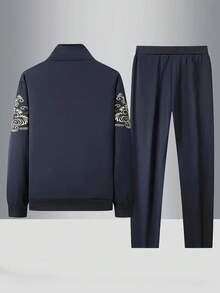 Men's Casual Retro Print Jacket And Pants Set - Blue - View 3