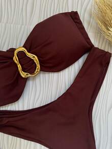 Brown Strapless Bikini Top With Removable Pads Elegant Casual Knot Ring - Khaki - View 4