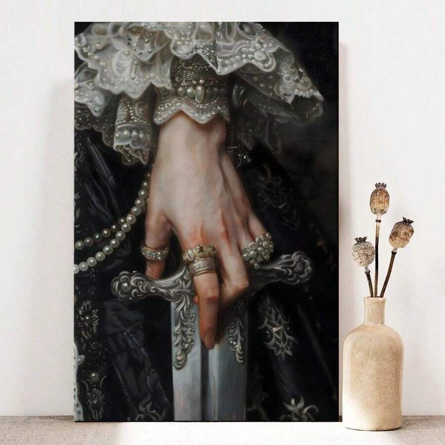 1pc Framed Canvas Wall Art, Victorian Decor Woman Sword Print, Moody Victorian Wall Art Decor, Woman With Sword Art Print, Dark Moody Antique Canvas Poster Painting Wall Decor, Ideal Gift For Bedroom Living Room Hallway Dorm, Ready To Hang - Nhiều màu - Xem 1