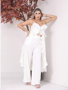 Women's Boho Chic Casual Set With Ruffled Tunic, Strapless Blouse, Wide Leg Pants, Tailored Fabric, Fashion Blogger