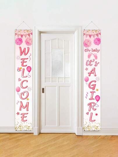 4 件（1 对对联 + 2 个透明挂钩）- 婴儿淋浴装饰欢迎是个女孩对联 - 约 71 X 12 英寸“欢迎是个女孩”横幅背景门挂门廊标志用于婴儿淋浴，性别揭示派对照片道具背景用品 - 粉色