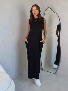 Long Dress With Slit And Pockets 100% Cotton - Negro - Ver 1
