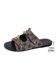 Sandalias de moda con acento de botón de murciélago de unicolor con hebilla, zapatillas planas y ligeras de slip-on, chanclas de verano antideslizantes