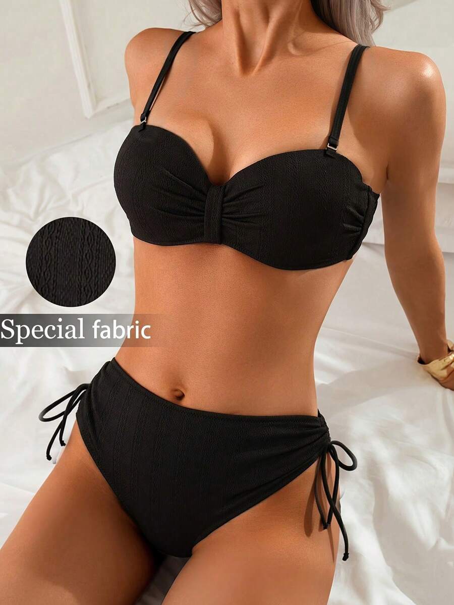 Women's 2 Pieces Bikini Set, Textured Fabric With Adjustable & Removable Straps, Tie-Side Bottom - Black - View 1