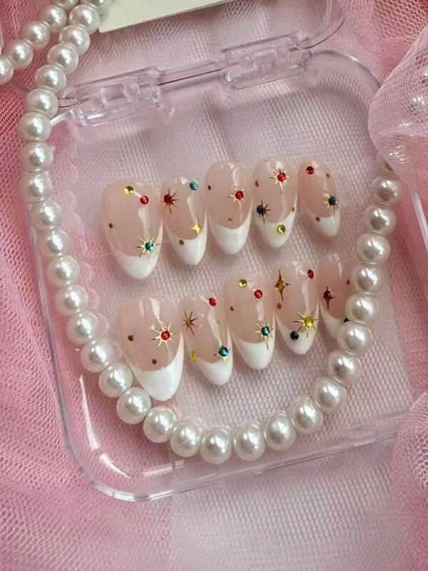 Summer's New Hot Girl Western Style Nail Art 10 Mid-Length Almond-Shaped Handcrafted (Removable And Adhesive) Wearable Nails, Hand-Painted White French Edge, Golden Starlight Stickers, And Colorful Diamonds Embellish Elegant And High-End Style.