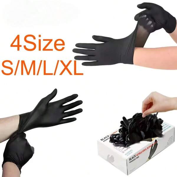 100-Count Disposable Latex-Free & Nitrile Gloves (Black) - Powder-Free, Chemical Resistant, 4 Mil, Food Safe For Salon, Tattoo, Hair Styling, Epoxy Work, Home & Office Use (Prevent Damage By Bagging)