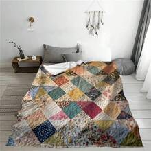 1pc-Colorful Patchwork Floral Quilt, Soft Polyester Throw Blanket With Modern Geometric Design, All-Season Comfort, 200-250gsm Fabric Weight, Machine Washable - Ideal For Home Decor And Naps, Cozy Home Accessory | Vibrant Quilt Design | Durable Polyester, Knitted Flannel Blanket