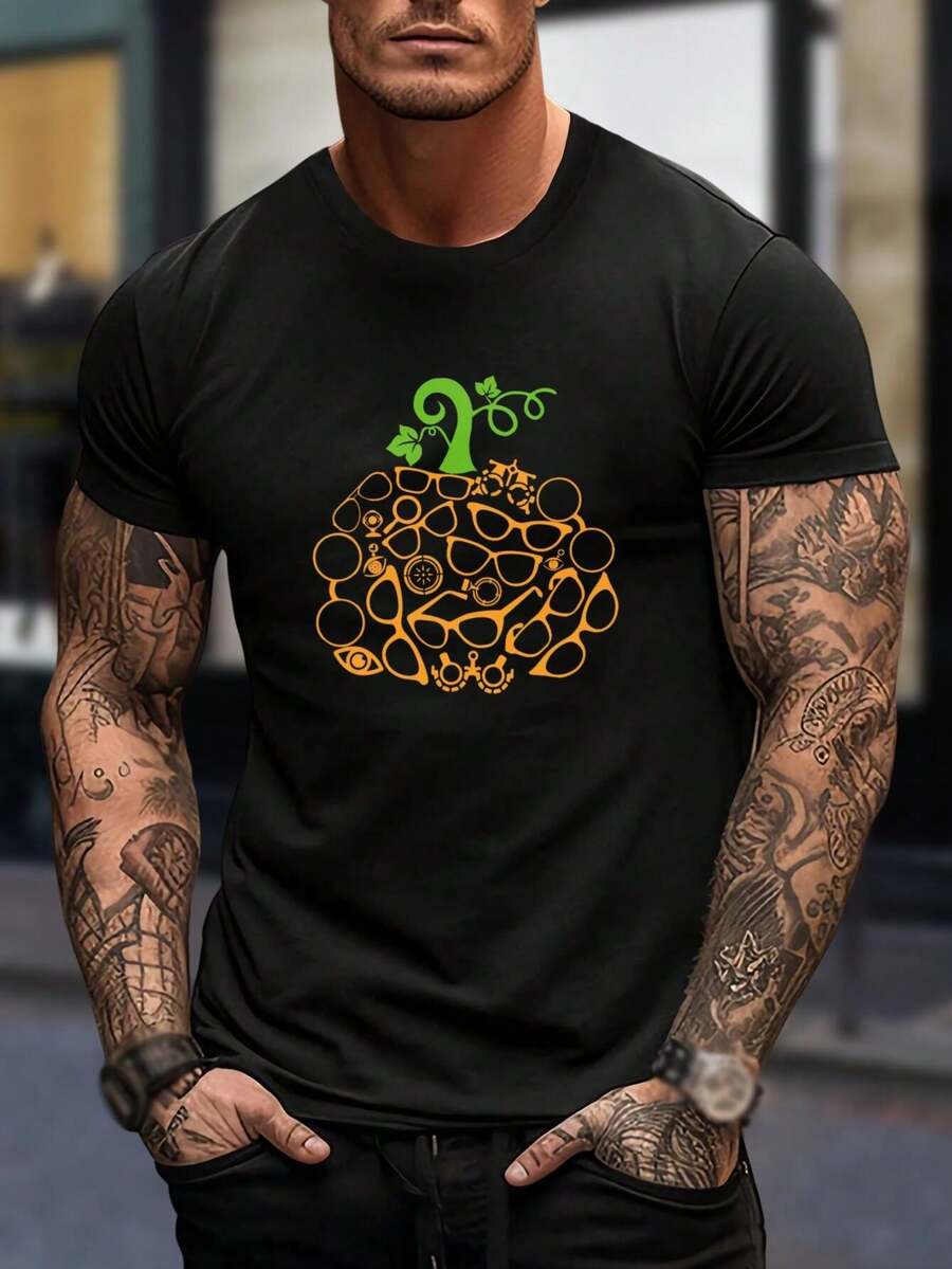 Camiseta de Halloween con divertidas gafas de calabaza - Camiseta de temporada espeluznante para hombres y mujeres - Conjunto informal de otoño - Moda de huerto de calabazas - Regalo de ropa de disfraz de Halloween para el marido - Negro - Ver 1