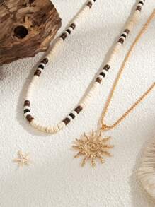 2pcs Fashionable Casual Minimalist Geometric Spiral Sun Seashell Beads Necklace Set, For Men Daily Party Wear