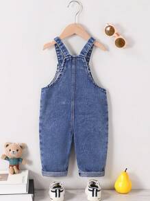Baby Boy Casual Solid Color Denim Bib Overalls With Pockets, Boys' Comfortable Denim Cargo Pants With Bear Patch, Ideal For Outdoor Activities