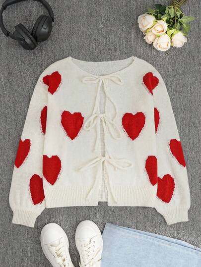 Stylish French Style Cardigan Sweater For Women, Featuring Heart Design, Ribbed Trim, Tie Waist, Back To School, Oversized Shirt, Teacher, 70s Style, Commute, Minimalist, Office Wear, Vintage, Solid Color Sweater, Autumn/Winter Top, Warm, Apricot, Teacher Sweater, Crew Neck, Drop Shoulder Long Sleeve, Women Casual Heart Pattern Long Sleeve Cardigan Sweater, Suitable For Outerwear, Music Festival