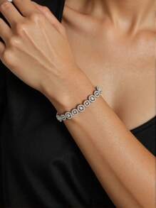 1 pieza Pulsera decorativa minimalista con cadena ovalada bañada en oro blanco de 18 K y piedras de circonita, adecuada para uso diario de mujer