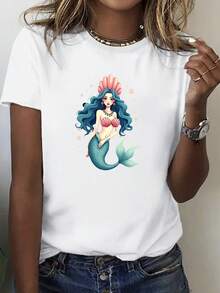 Elegant Mermaid Seashell Crown 180g Pure Cotton Women's Fashion T-Shirt,Suitable For Daily Wear In Summer And All Four Season,School,Holiday,Now,Casual,Festival,Now,Fashion - White - View 1