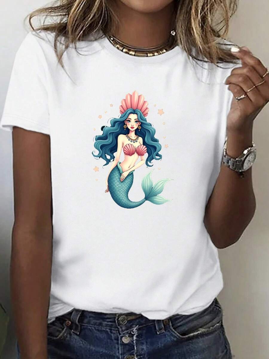 Elegant Mermaid Seashell Crown 180g Pure Cotton Women's Fashion T-Shirt,Suitable For Daily Wear In Summer And All Four Season,School,Holiday,Now,Casual,Festival,Now,Fashion - White - View 1