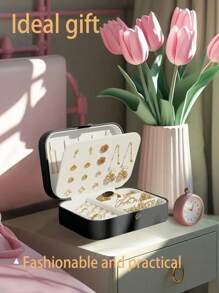 1pc Portable Travel Jewelry Storage Box, Waterproof PU Jewelry Organizer Box, Large Capacity Jewelry Display Case For Earrings, Necklaces, Rings, Watches, Bracelets, Lipsticks, Suitable For Travel, Holiday, Beach, Gift For Couple, Wife, Girlfriend, Mother, Birthday, Valentine's Day, Christmas For Women Storage Organizer Travel Essentials Back To School Dormitory Storage