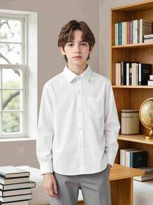 Boys' & Teenagers' White Cotton Classic Button-Down Shirt, Formal Wear For School, Graduation, Party, Holiday Events