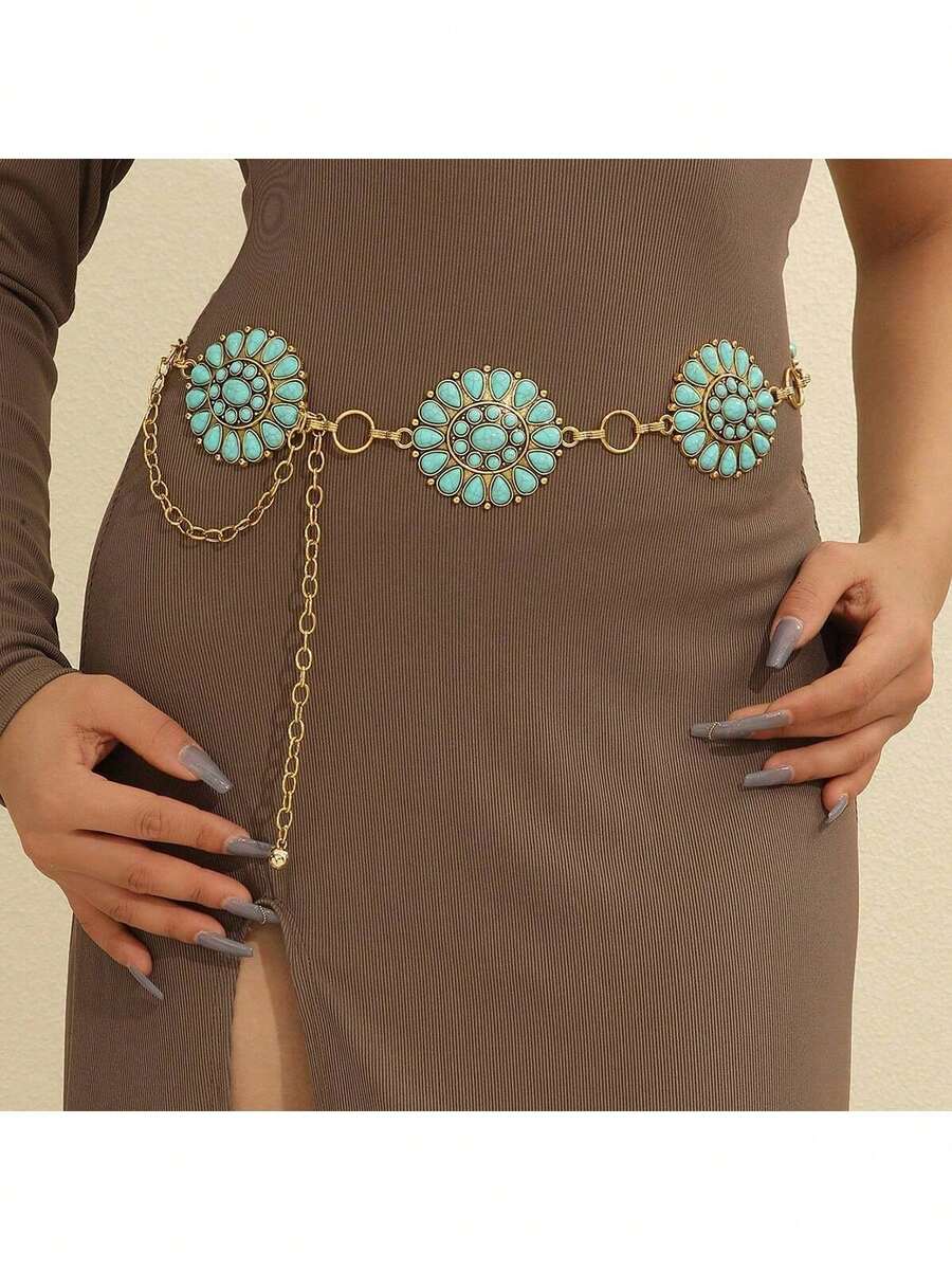 Cadena/Cinturón para la cintura hecho a mano de estilo bohemio con turquesa, ornamento para la cintura de aleación de zinc con patrón de enrejado de diamantes, adecuado para mujeres en primavera, verano, otoño e invierno - Dorado - Ver 1