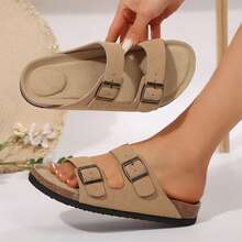 Women Sandals Slip On Comfortable Adjustable Buckle Cork Footbed Easy Wear - Nâu nhạt - Xem 7
